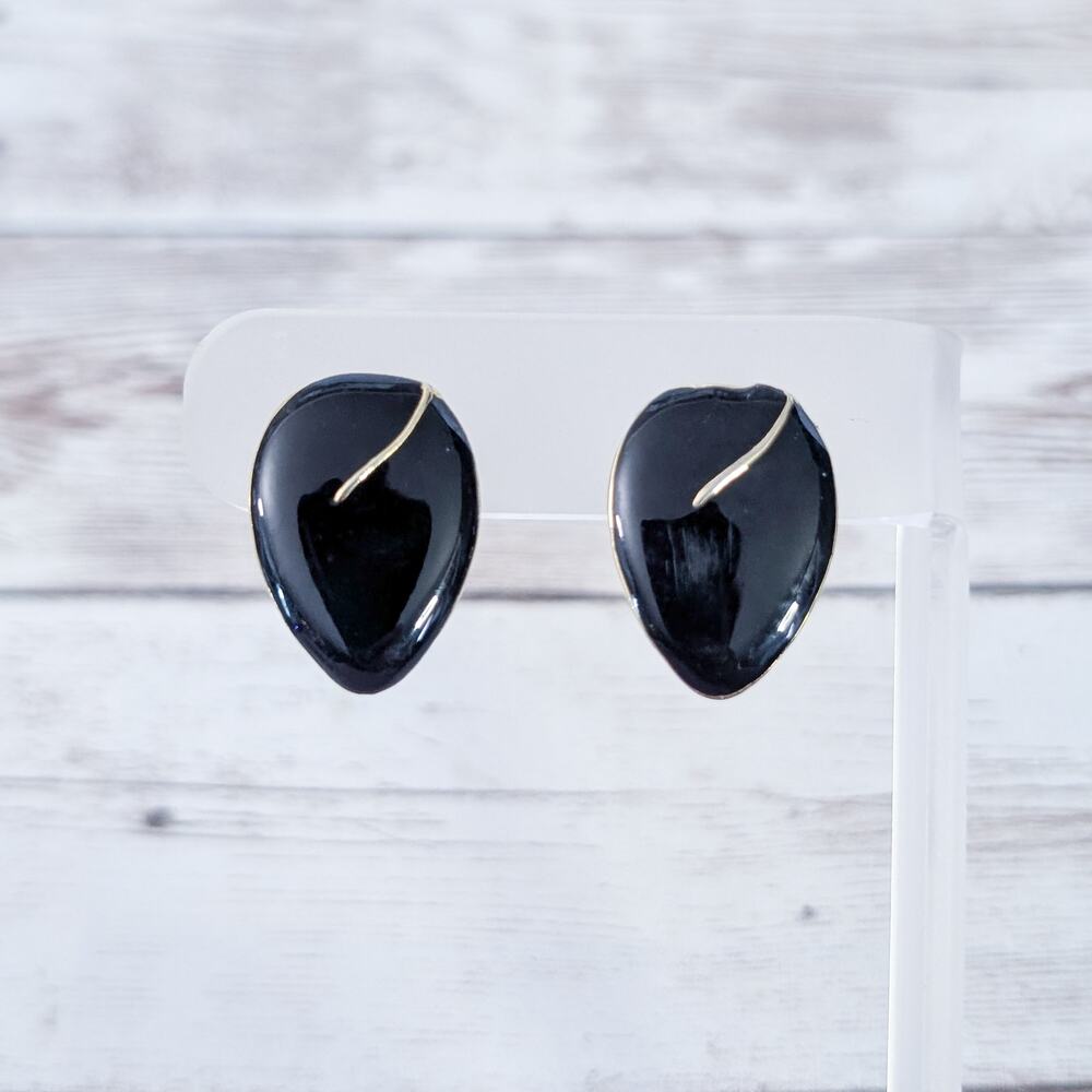 Vintage Clip On Earrings Black with Gold Tone - Fair Condition